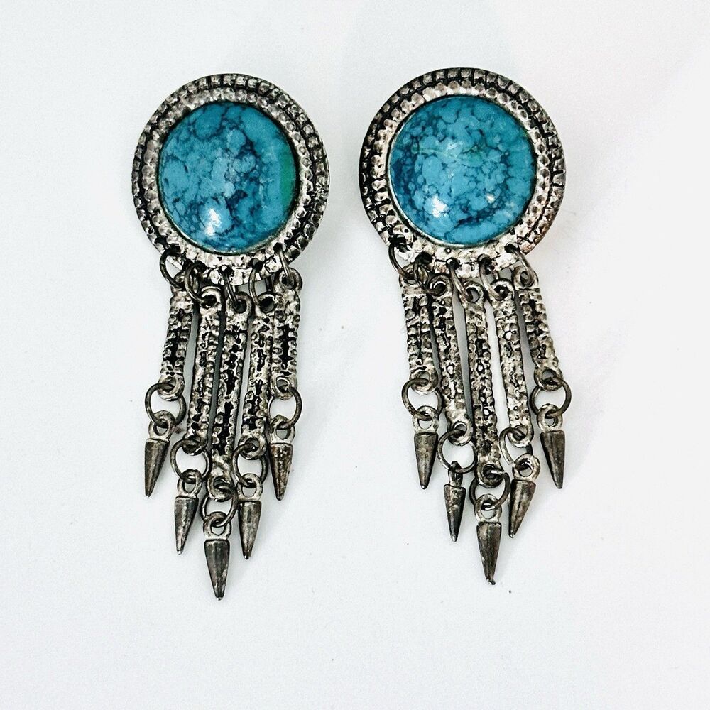 Vintage 90’s Silver Turquoise Chandelier Dangle Earrings Western Southwestern